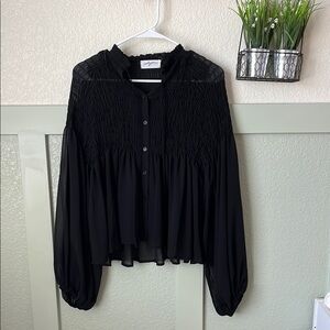 Carly Jean Los Angeles Black Smocked Long-Sleeve Blouse